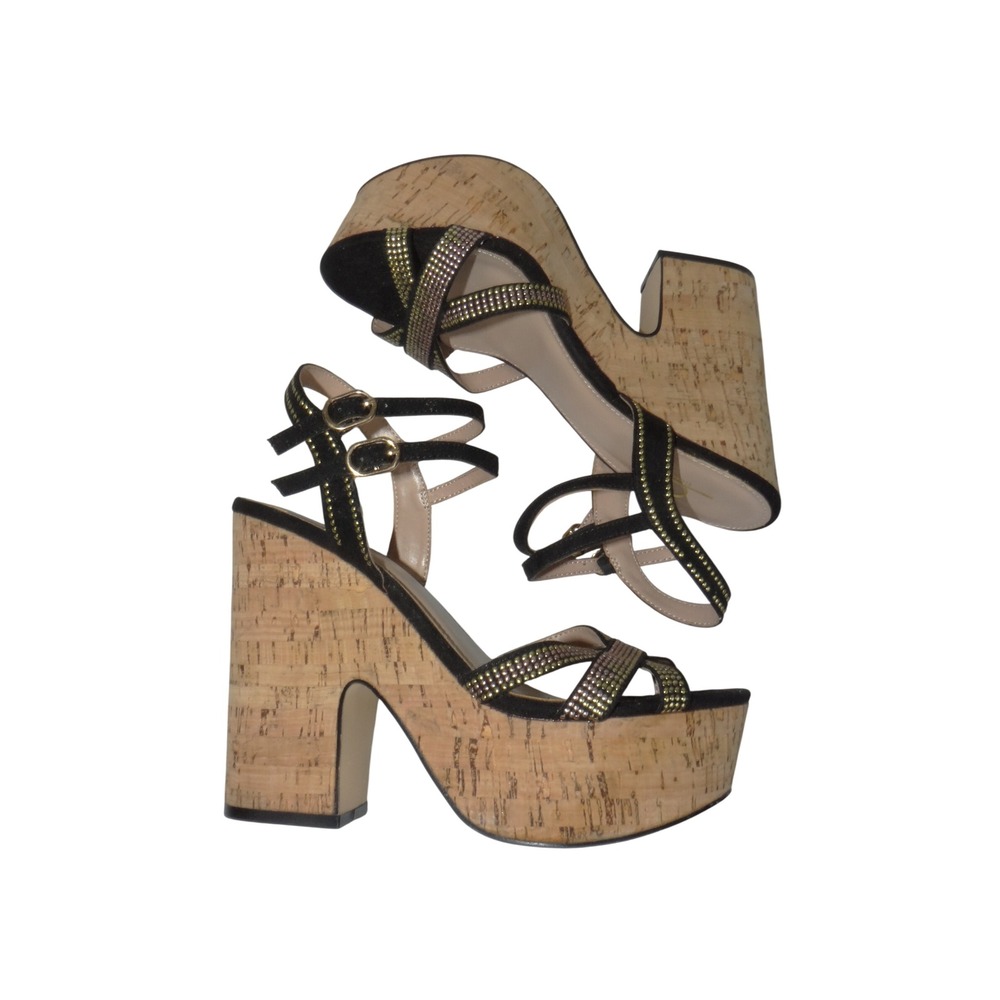Bakers Jarius Black Gold Studded Cork Platform Wedge Sandals Womens 8 1251949